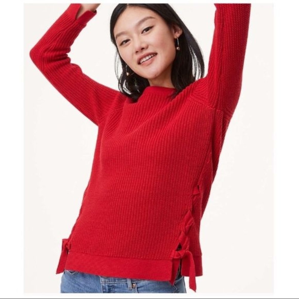 Ann Taylor Loft Red Lace Up Knit Sweater Lace Small Boat Neck